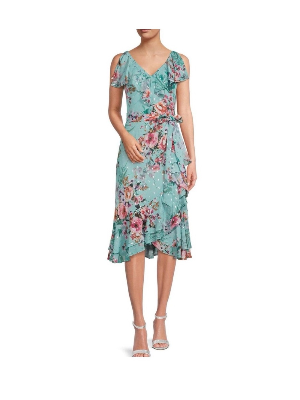 Eliza J Blue Wrap Midi Dress Floral High-Low Cold-Shoulder in Teal